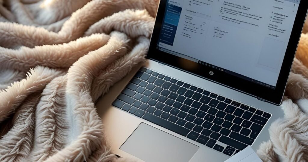 Flat lay of laptop, cozy blanket, and Canva dashboard – representing passive income from home.